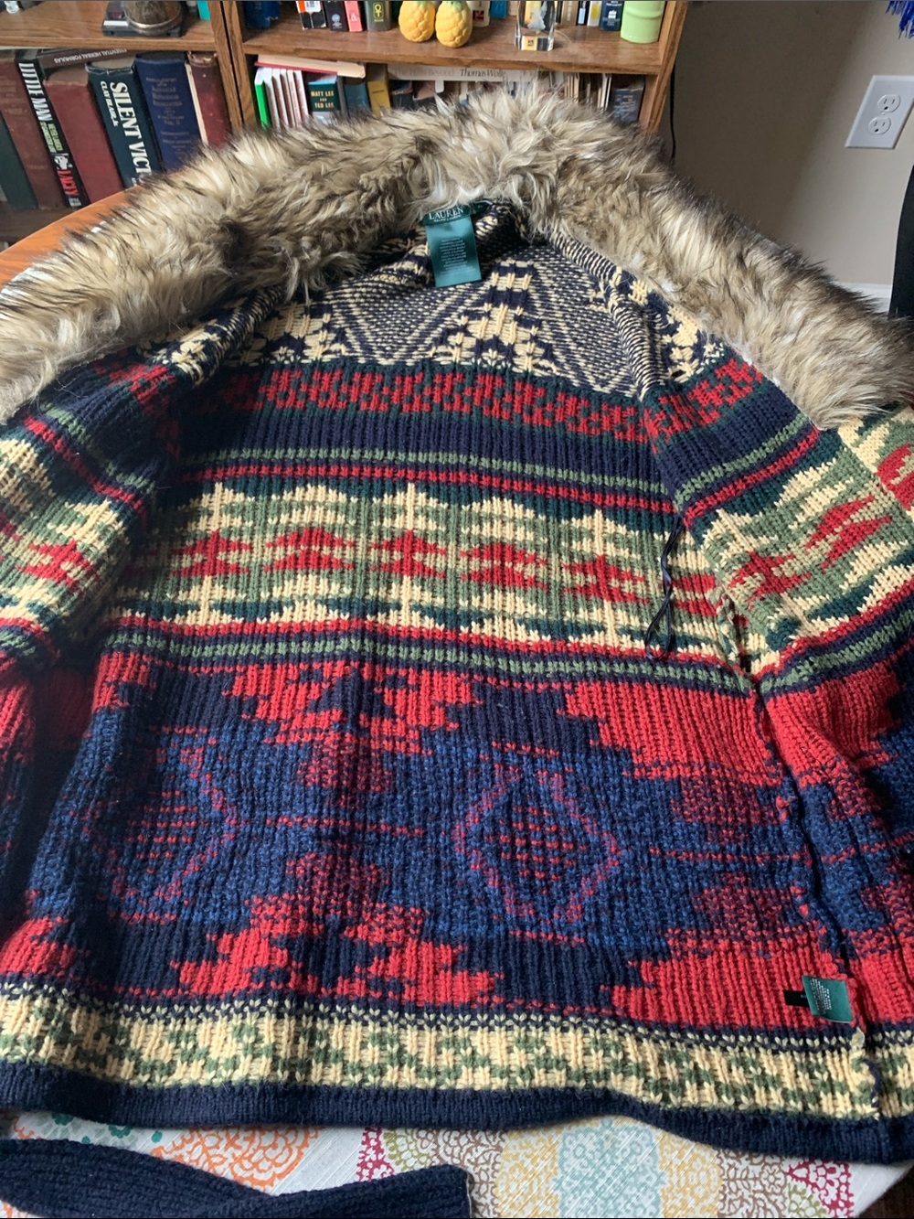 Vintage Ralph Lauren Southwestern Alpaca Blend Duster Cardigan w/Faux Fur  XL - Picture 6 of 6